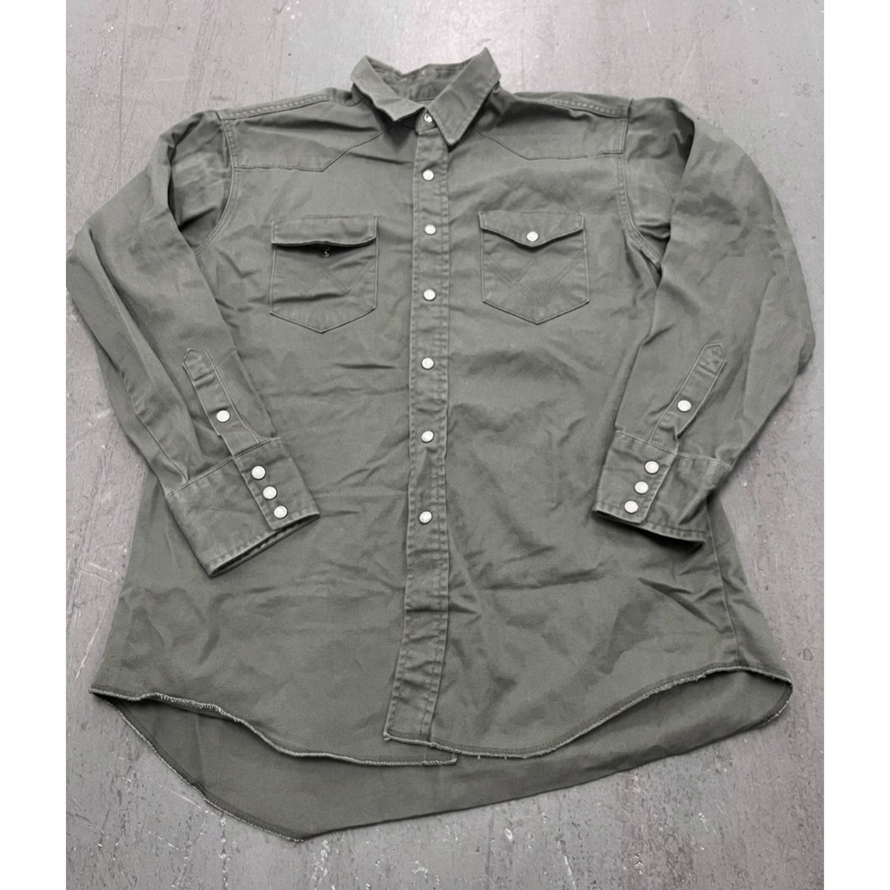 Vintage Wrangler Western Shirt Mens 16.5-34 Green Pearl Snaps Long Tail Cowboy